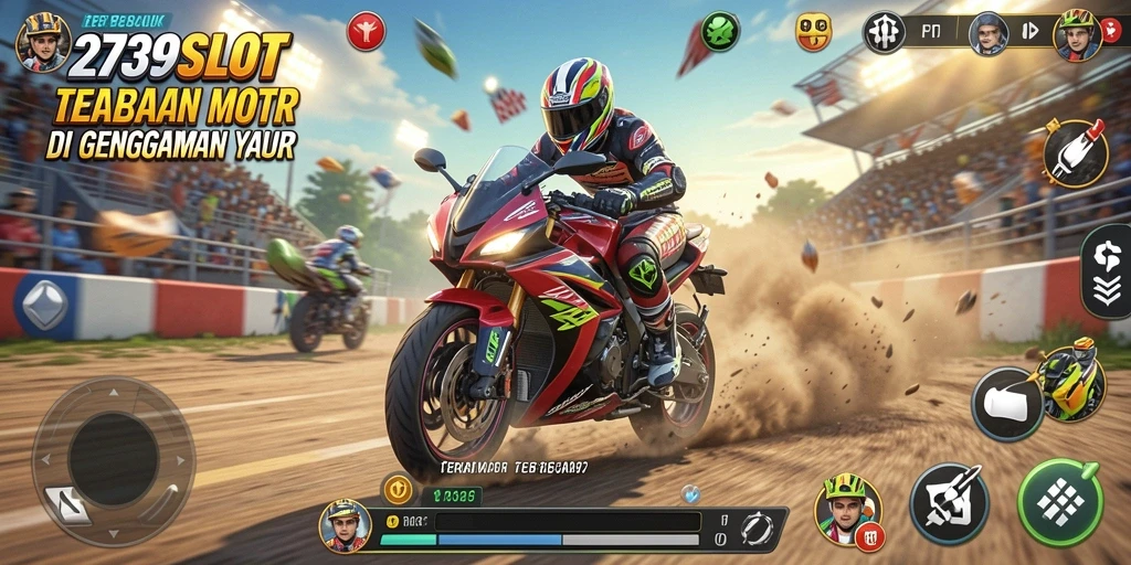 Screenshot gameplay menampilkan aksi balapan motor yang intens.