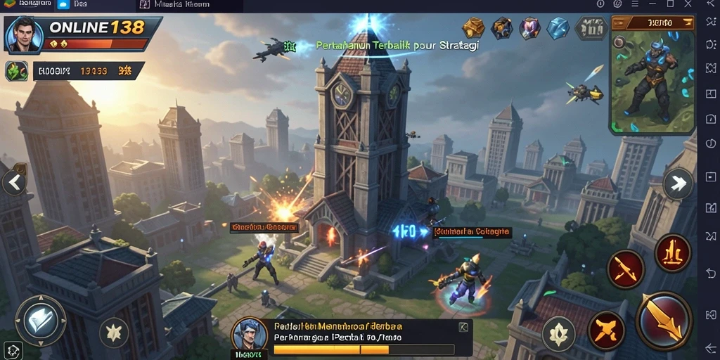 Tampilan gameplay ONLINE138 dengan menara mempertahankan markas dari serangan musuh.