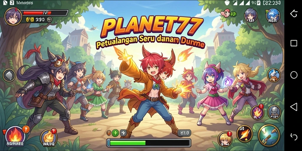 Tangkapan layar gameplay PLANET77 yang menampilkan karakter anime dalam petulangan.